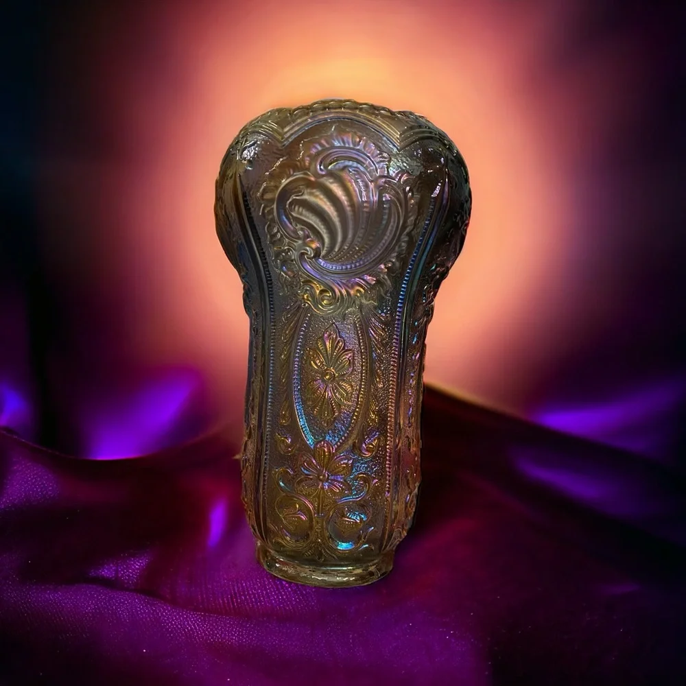 VTG Imperial Carnival Glass Scroll Flower Panels Vase Smoke Peacock 10”